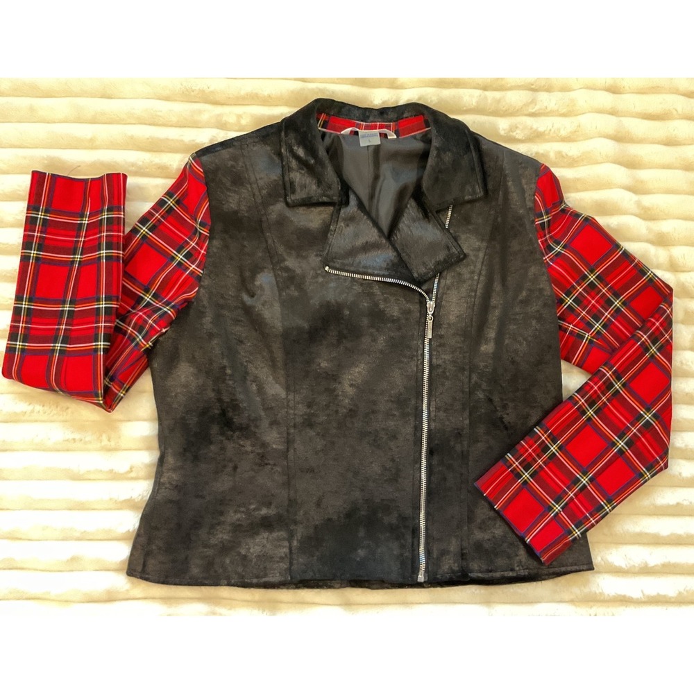 Nygard Womens Black Faux Suede Moto Jacket Red Plaid Sleeves Size L Mixed Media - Picture 4 of 9